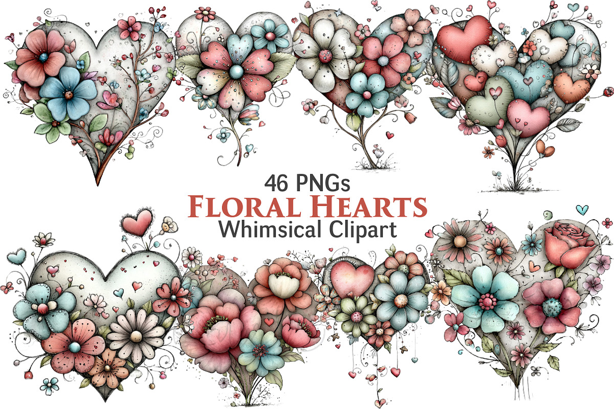 Whimsical Floral Hearts Clipart, an Illustration by Pixels.Craft (Photo 1 of 5)