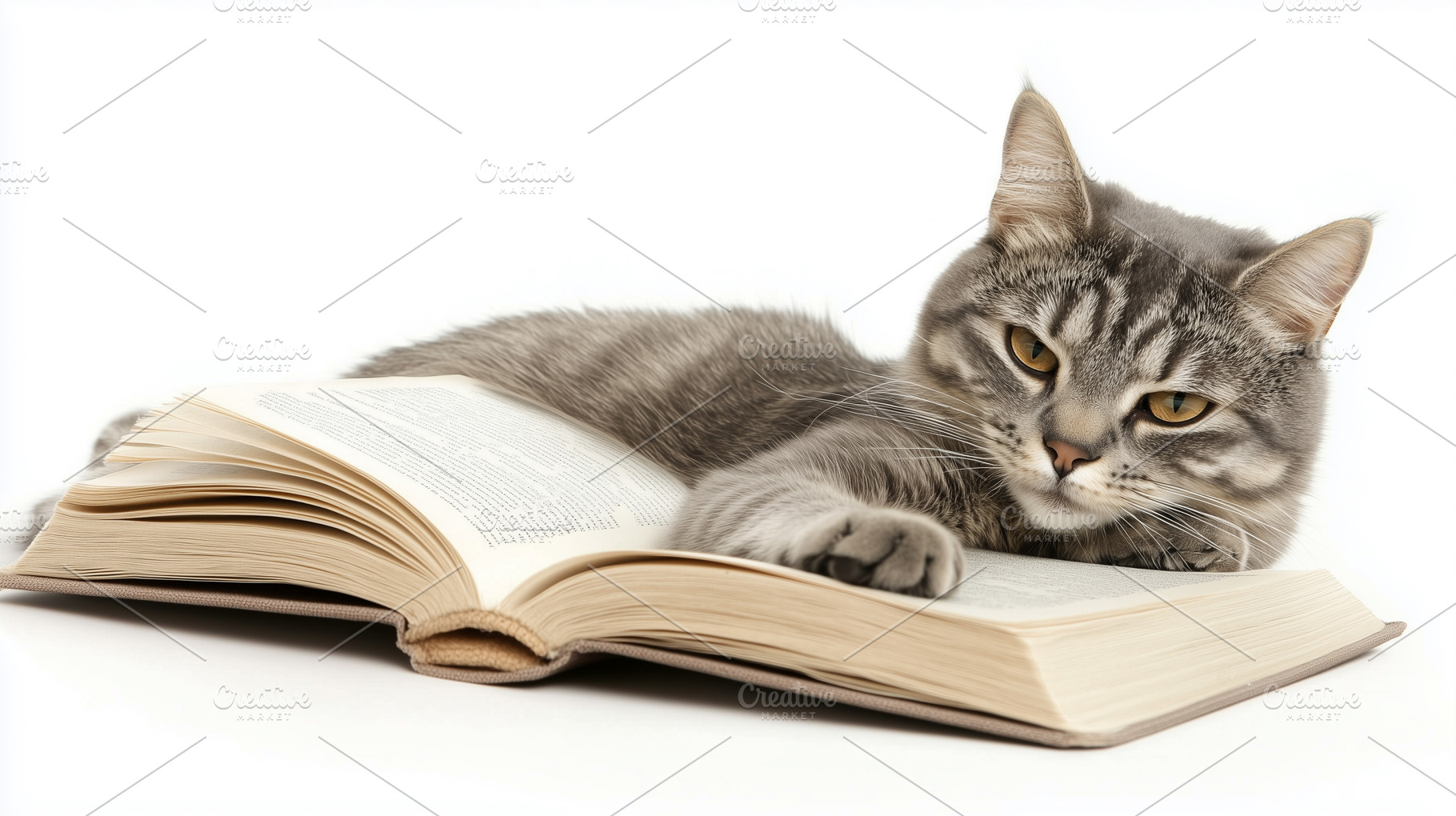 Grey tabby cat lying on an open book, an Animal Photo by MistyDay