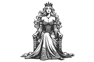 Medieval Queen On Throne Engraving