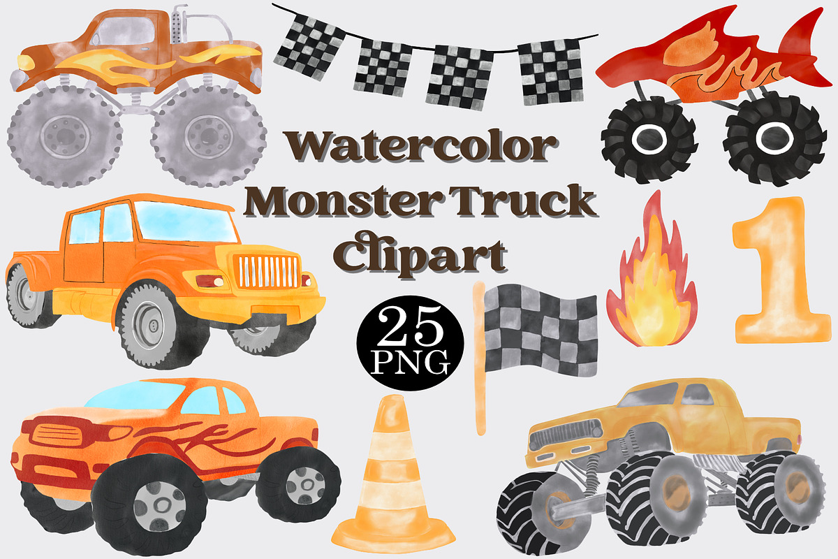 Watercolor Monster Truck Clipart Set, a Transportation Illustration by CropUp Creative (Photo 1 of 4)