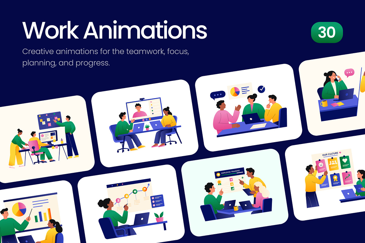 30 Animated Work Flat Illustrations, a Work Illustration by Prosymbols (Photo 1 of 4)