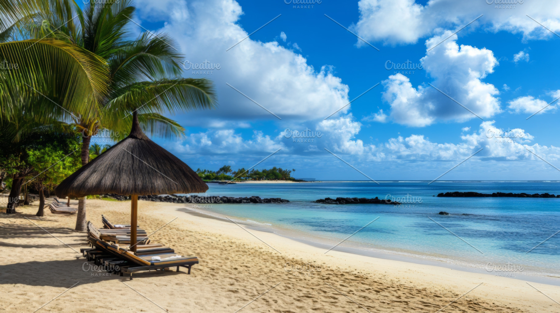Stunning Beachfront with Loungers and Scenic Ocean Views, an Abstract Photo by Natalia Klenova's Shop