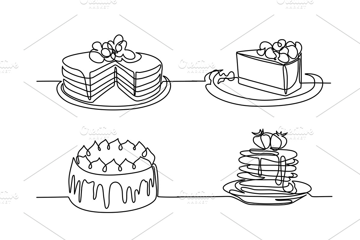 Set line drawing of big cakes, a Decorative Illustration by Valenty