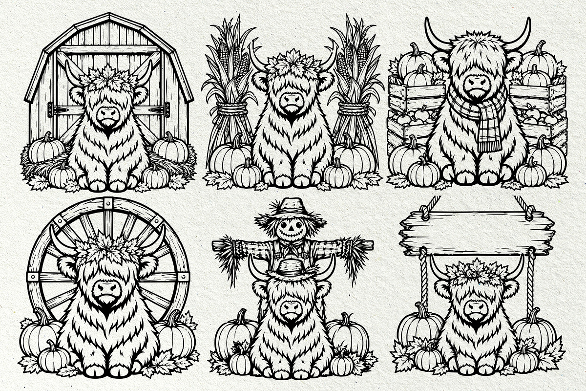 Fall Highland Cow Line Art Graphics, a Seasonal Illustration by DENIDigitalArtSudio (Photo 4 of 6)