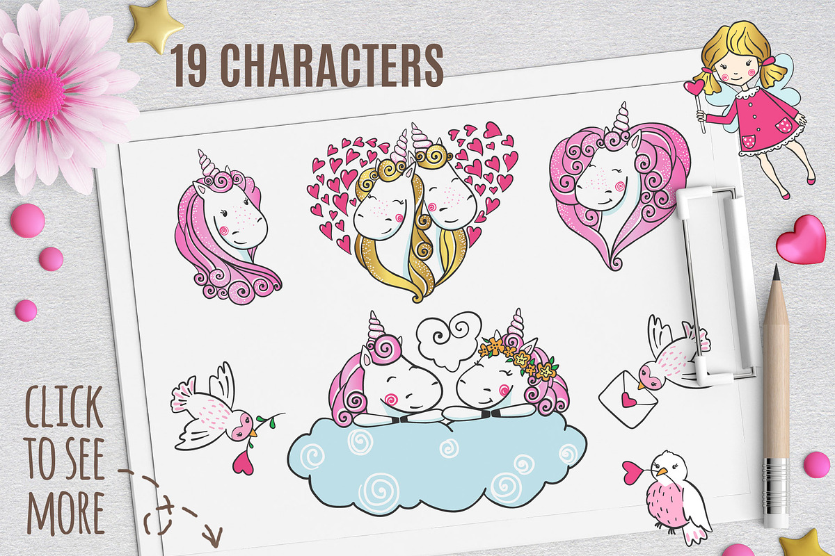 Romantic set with Cute Unicorns, a Decorative Illustration by MalniArt (Photo 3 of 6)
