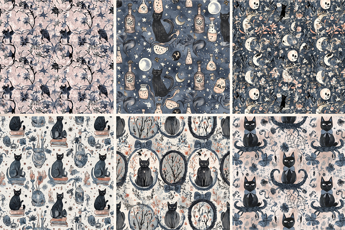 Gothic Black Cat Skeleton Seamless, a Pattern Graphic by Digital Artistic99 (Photo 2 of 8)