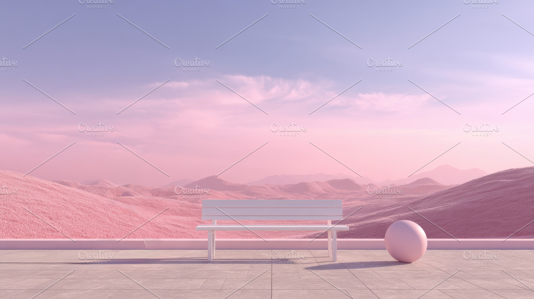 Modern bench in a surreal landscape, a Photo by Beautiful things