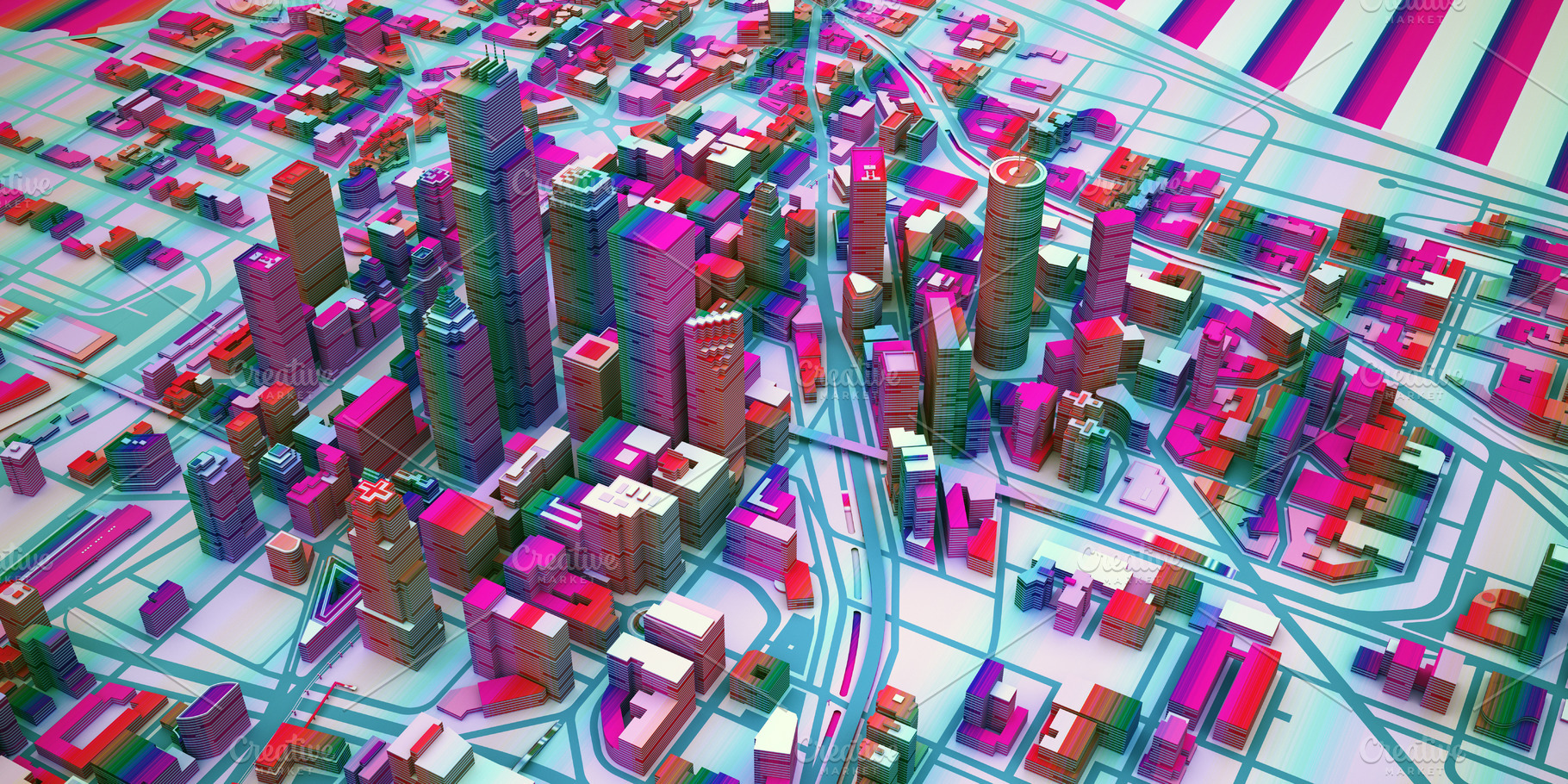 abstact city in cyberpunk colors, an Architecture Photo by digibox