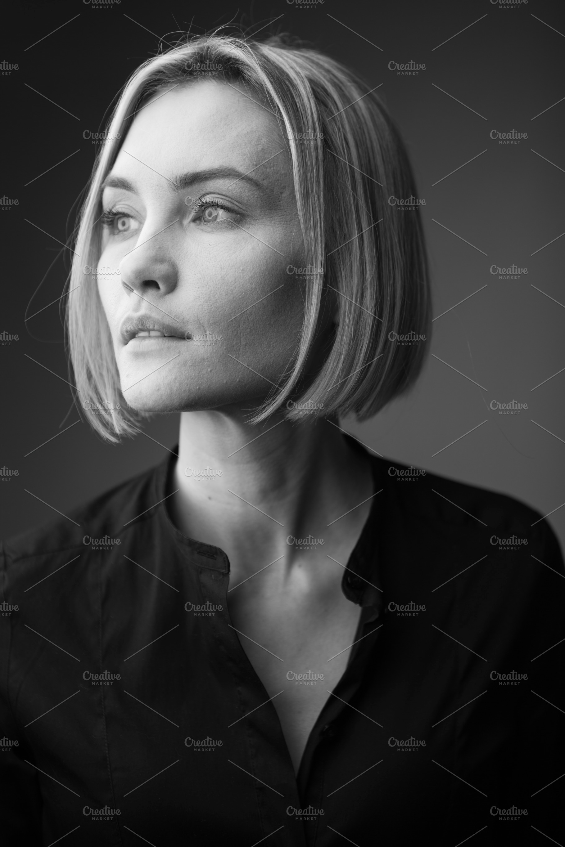Dramatic black and white portrait of featuring natural beauty, no retouch, a Beauty & Fashion Photo by sport&beauty stock photo