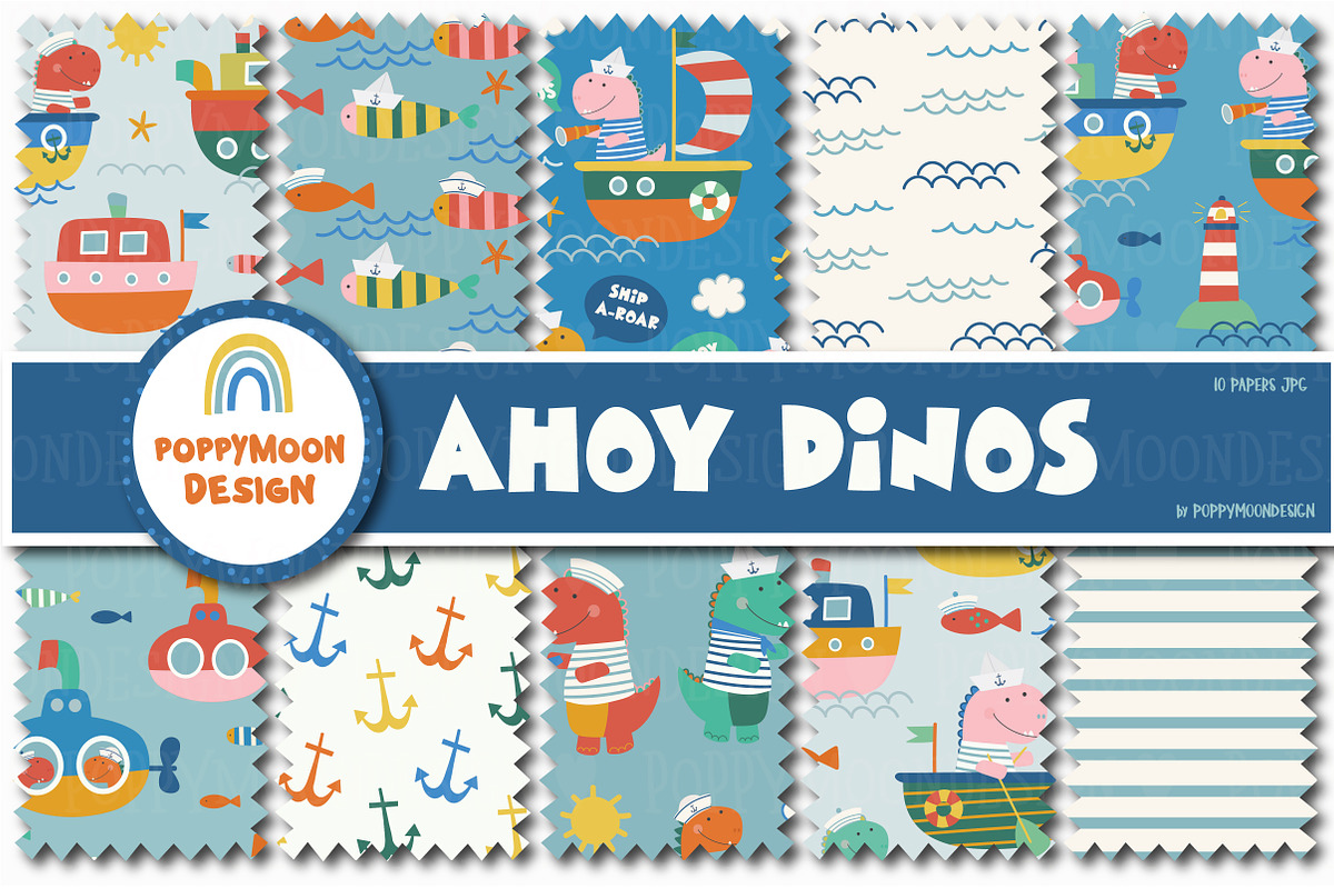 Nautical Dinosaur Clipart Bundle, an Animal Illustration by Poppymoondesign (Photo 2 of 5)