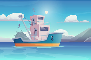Fishing boat. cartoon background, a Transportation Illustration by Onyx