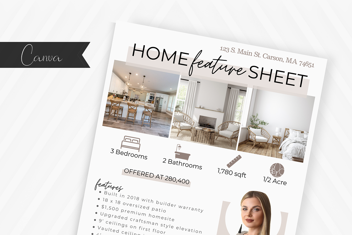 Real Estate Home Feature Sheet, a Flyer Template by Kole Paper co.