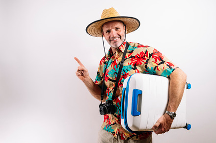 Smiling man ready for tropical vacation adventure