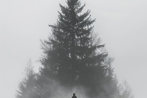 Solitary figure on rocky cliff with misty forest, dramatic minim, an Abstract Photo by José Manuel Gelpi
