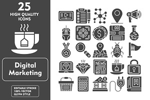 25 Digital marketing Glyph Icons, an Icon by Pexelpy