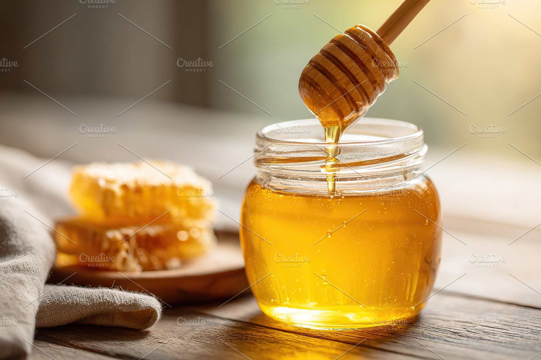 Glass jar filled with golden honey resting on a wooden table near honeycomb pie, a Food & Drink Photo by AlyaAnd