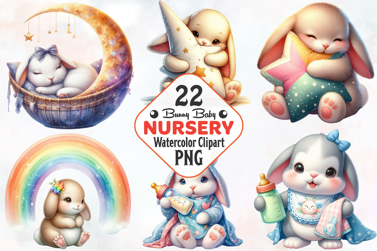 Bunny Baby Nursery Watercolor PNG, a Seasonal Illustration by RobertsArt (Photo 1 of 8)