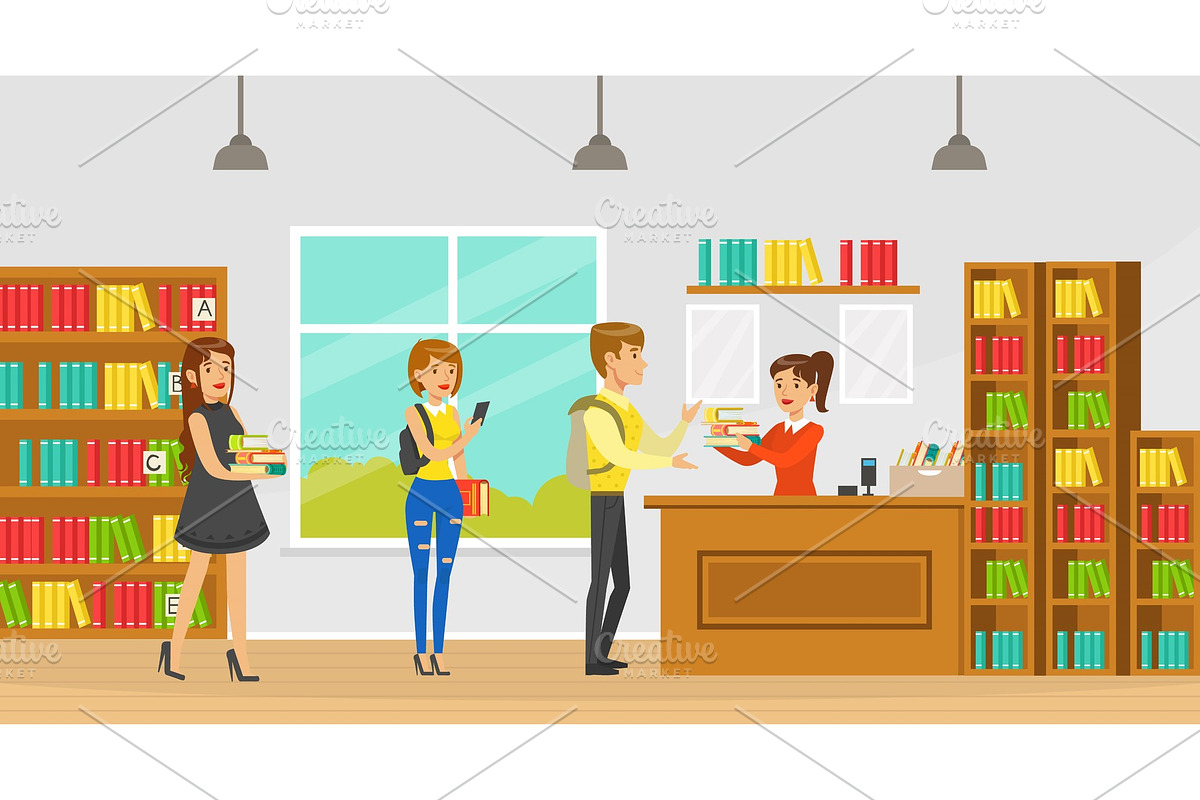 Library Interior with Students with, an Education Illustration by ...