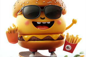 Funky cartoon burger mascot with sun, a Food & Drink Photo by Pixeness Studio