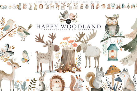 watercolor woodland animal clipart, an Animal Illustration by Pink Studio Art