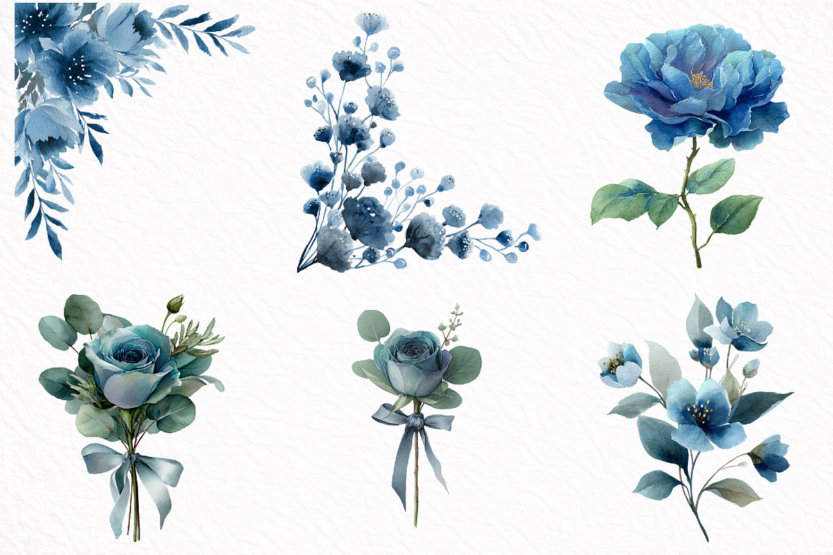Watercolor Dusty Blue Floral Clipart, an Illustration by DreamArtGraphic (Photo 6 of 8)