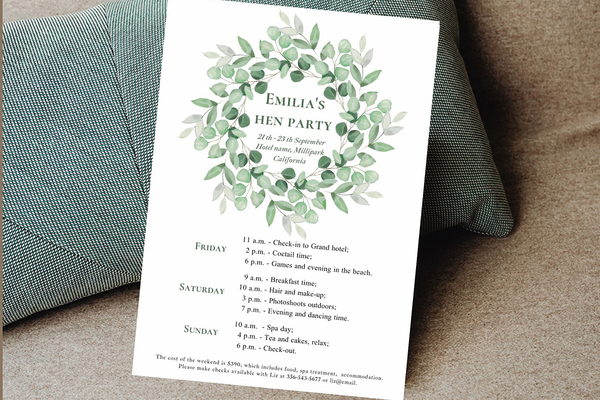 Eucalyptus Hen weekend itinerary, an Invitation Template by EvaTemplates (Photo 3 of 6)