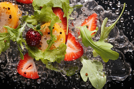 Fresh vegetable salad with citrus, cherry tomatoes, and lettuce, a Photo by Dvoevnore photos
