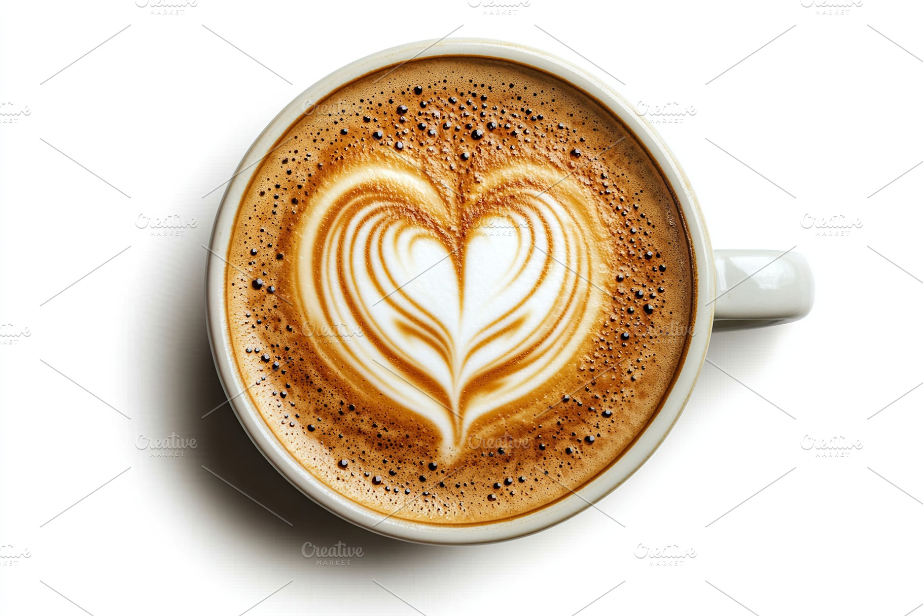 Cup of cappuccino with drawn heart on white background, flat lay, a Food & Drink Photo by AlyaAnd