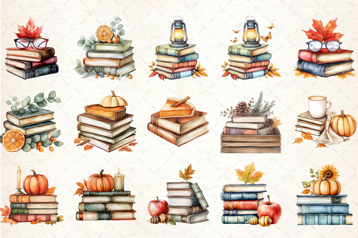 Watercolor Fall Book Stack Clipart, an Illustration by Rose Art (Photo 2 of 7)