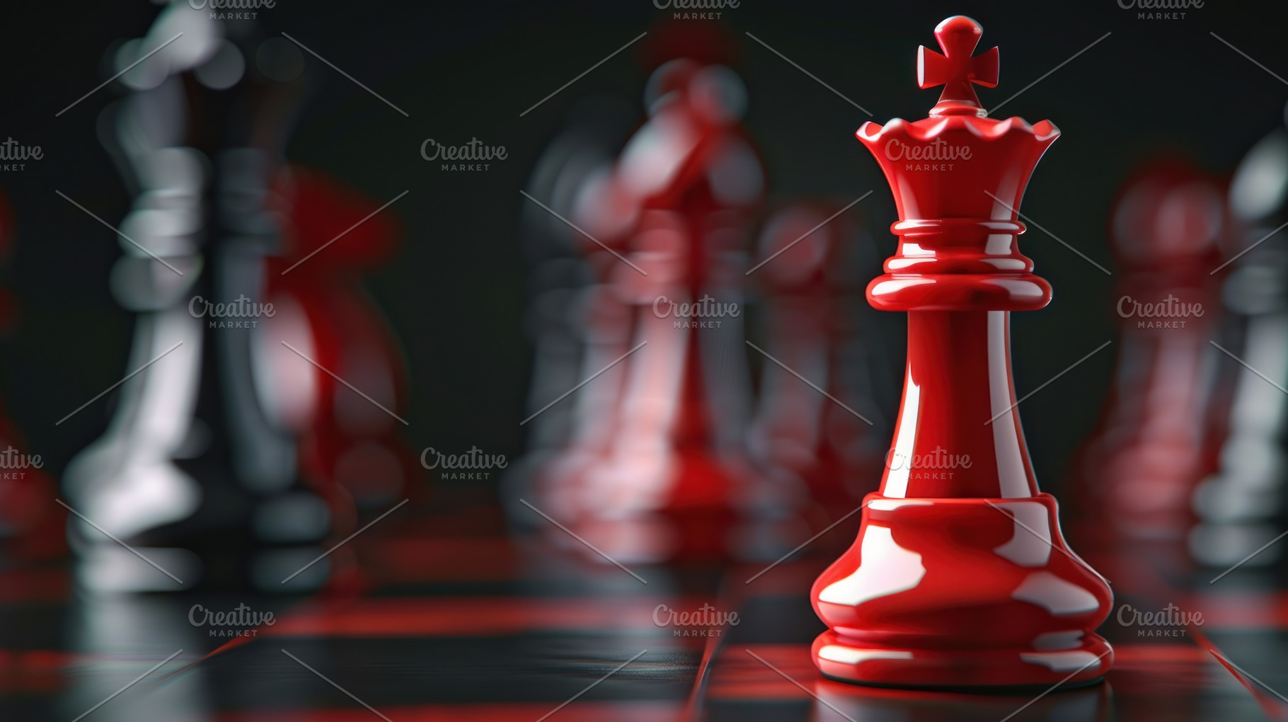 Red king chess piece standing out on black chessboard, symbolizi, a Photo by José Manuel Gelpi