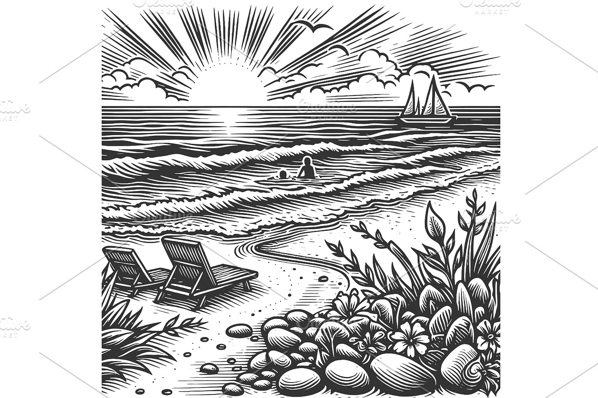 Sunset Beach Scene with Chairs and, a Sport Illustration by AlexArt