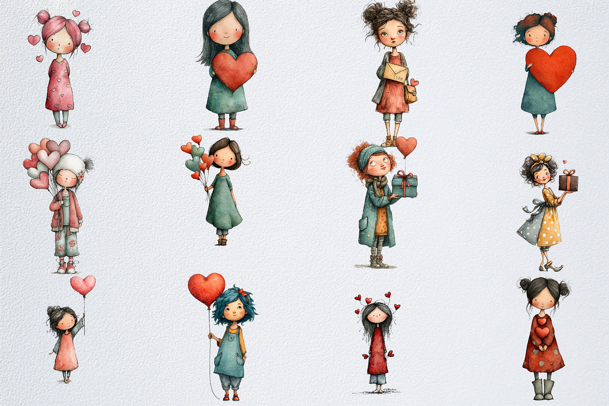 Whimsical Valentine Girl Clipart, an Illustration by Watercolor design (Photo 2 of 6)
