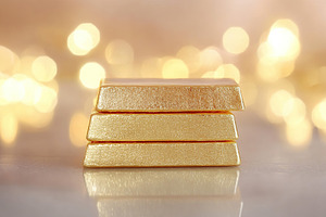 Gold bars on blurred lights background, a Photo by AlyaAnd