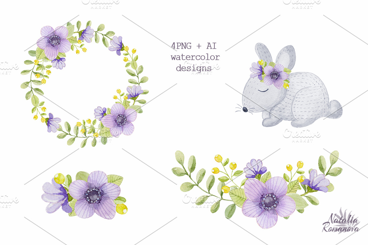 Watercolor hares and flowers, an Illustration by BrushArtDesigns (Photo 3 of 5)