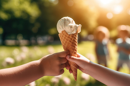 Children hands holding ice cream in waffle, outdoors. Generative AI, a Food & Drink Photo by AlyaAnd