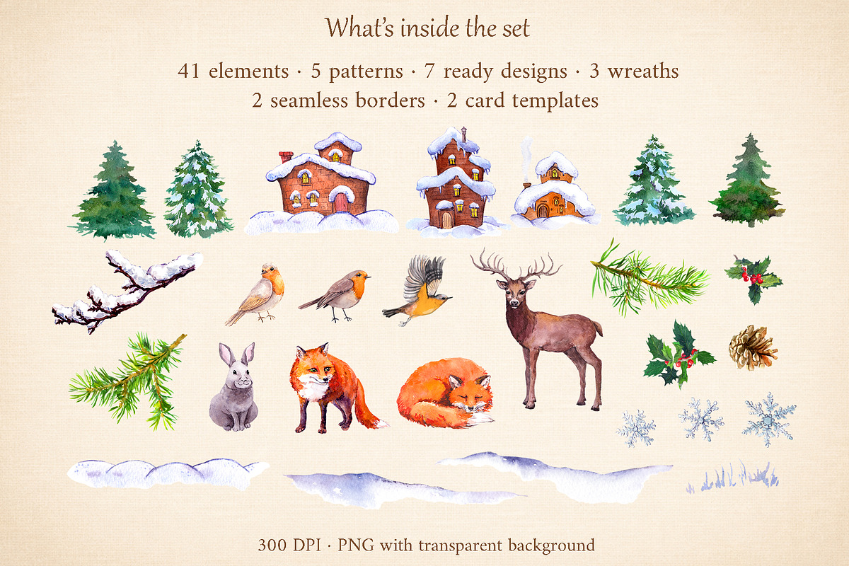 Christmas Woodland Watercolor Set, a Seasonal Illustration by Where summer is (Photo 2 of 11)