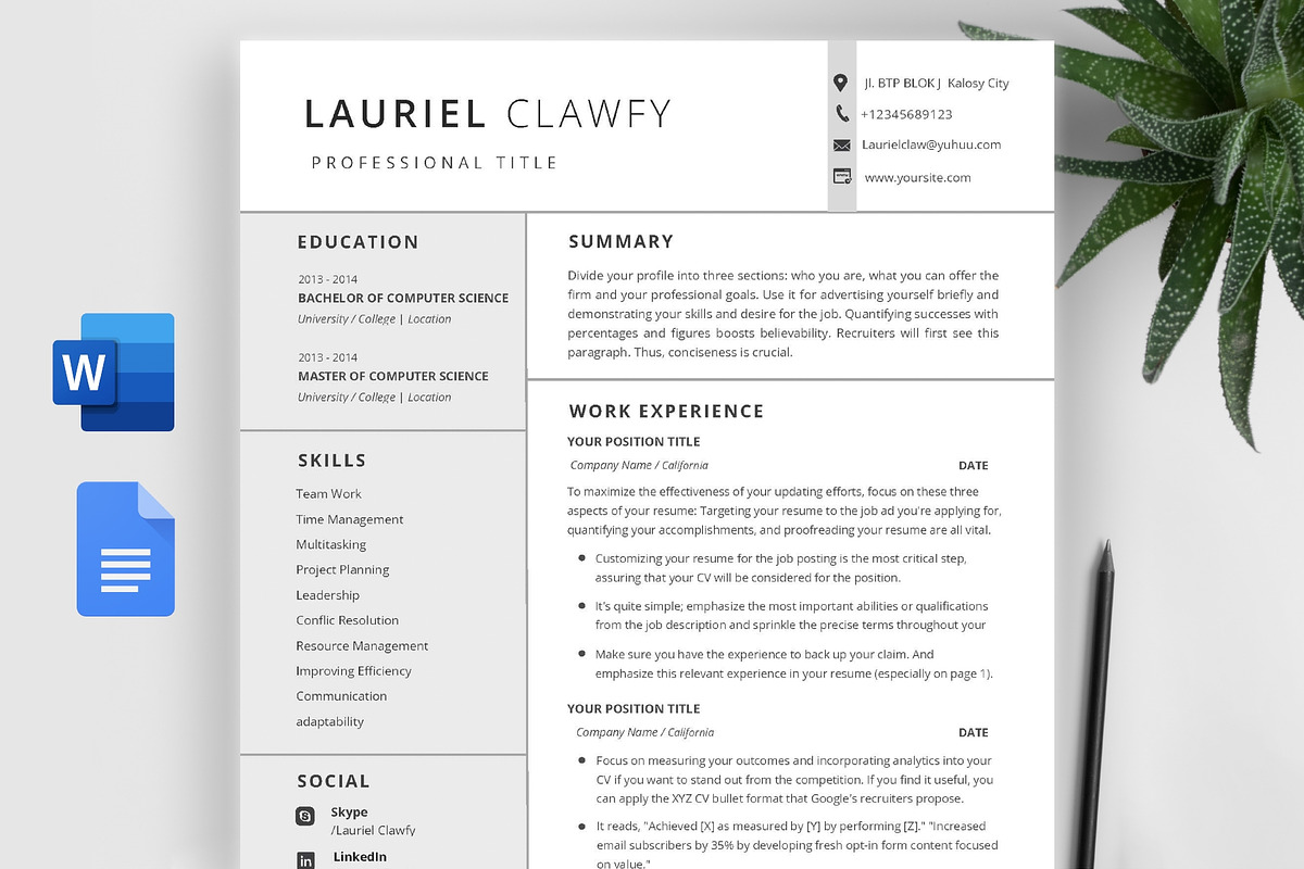 Word and Google Docs Resume Template, a Resume Template by ResumeFabs (Photo 1 of 8)