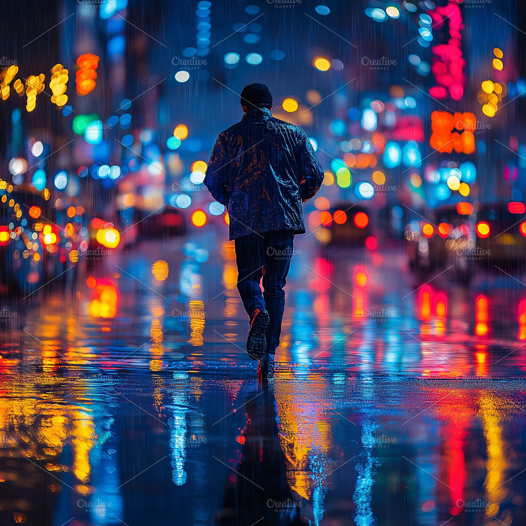 A male figure walks through a rain-soaked cityscape at night, reflecting vibran, a Background Photo by ImageMir