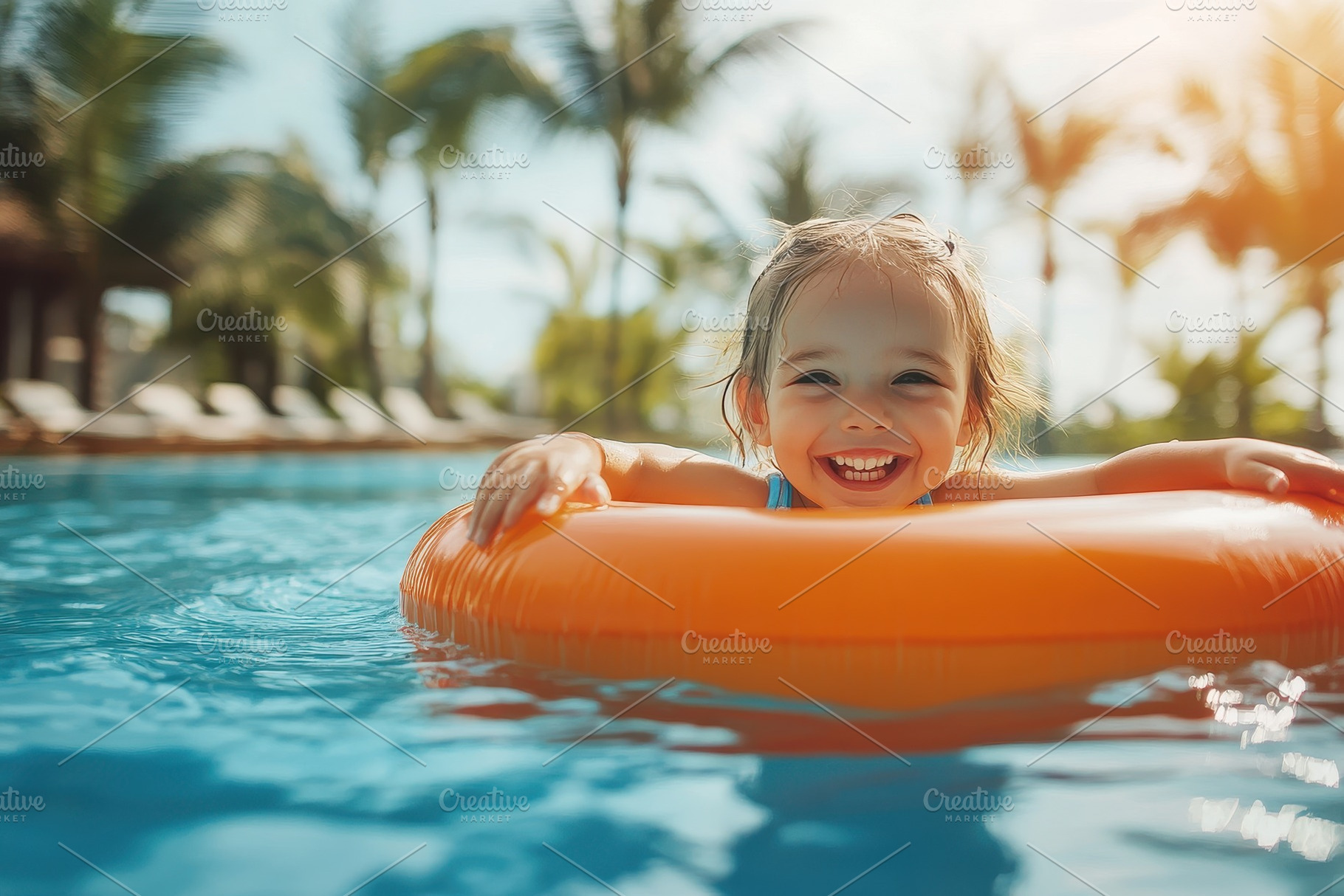 Happy little girl in a swimming pool, a Photo by Pavel_design
