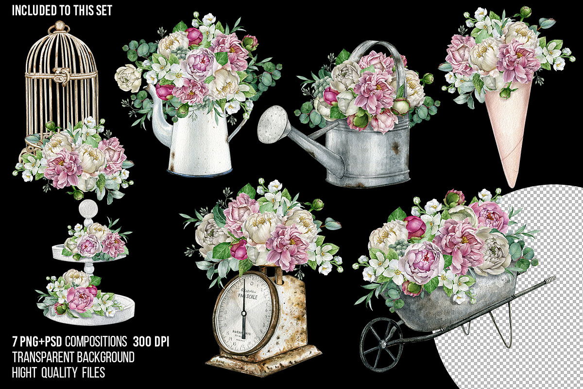 Rustic white peony bouquet clipart, an Object Illustration by yana.fefelova (Photo 3 of 5)