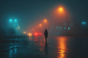 Lonely Figure on Foggy Night Street, a Person Photo by Ales Munt