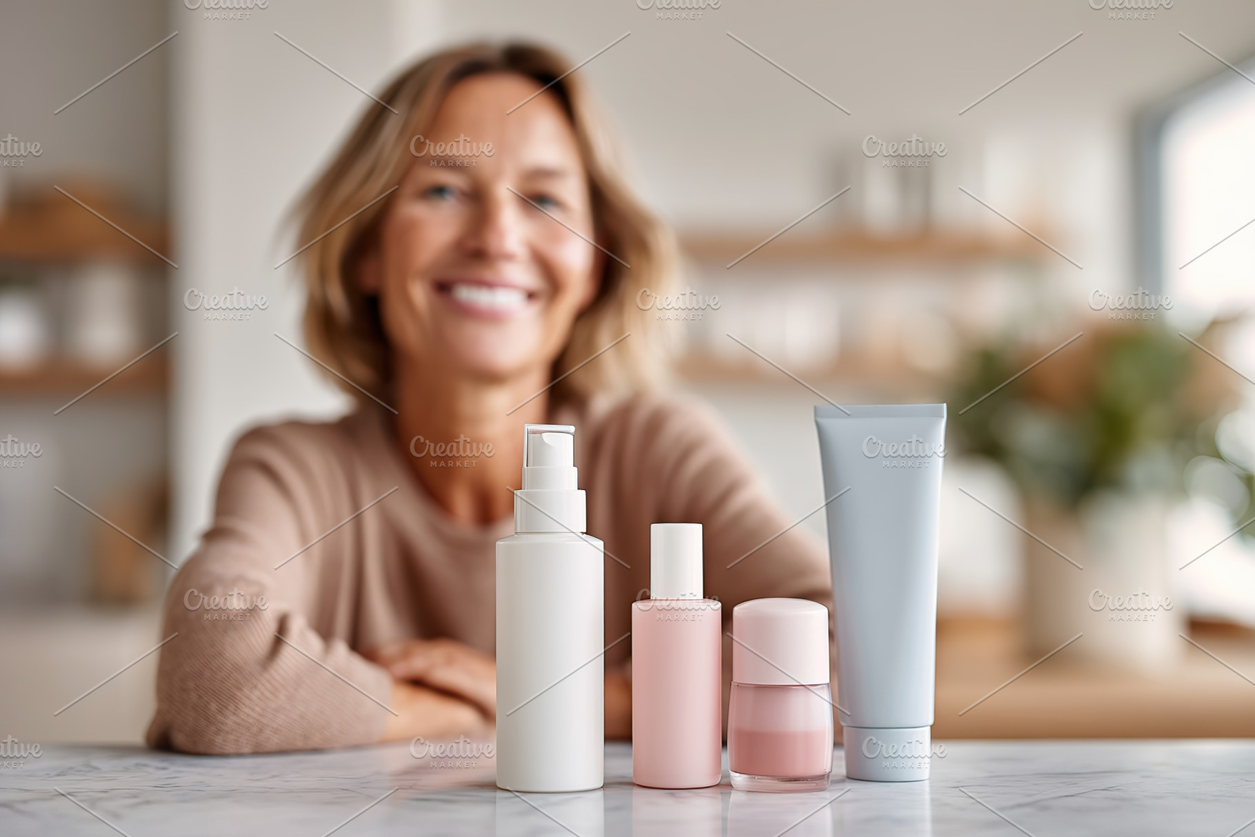 Smiling woman with skincare products on countertop, a Beauty & Fashion Photo by AlyaAnd