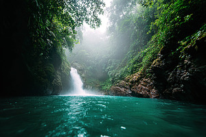 Waterfall cascades into serene turquoise pool surrounded by lush rainforest gre, a Photo by AlyaAnd