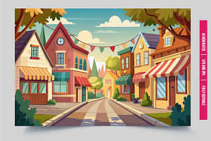 Vibrant street with shops, an Illustration by Tanuart