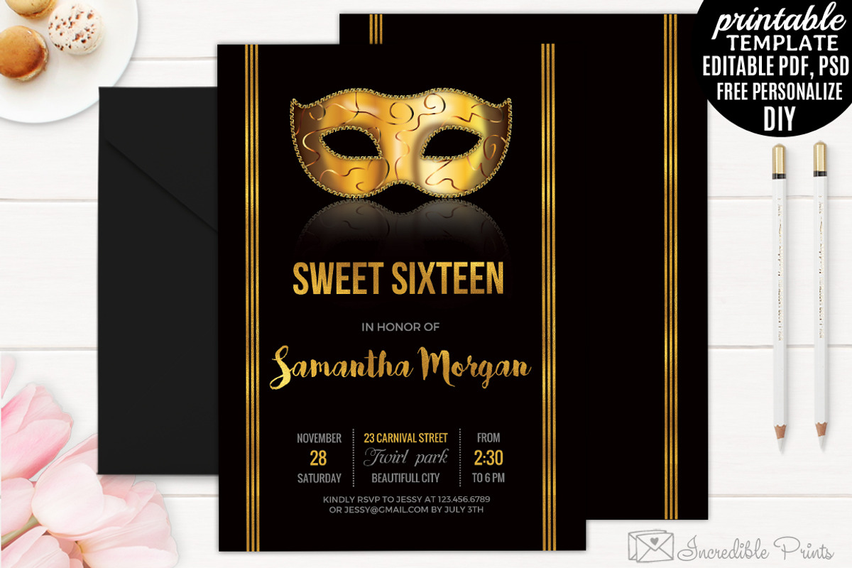 Sweet Sixteen Invitation Template, an Invitation Template by Blush Roses  Print, image size:1200x800