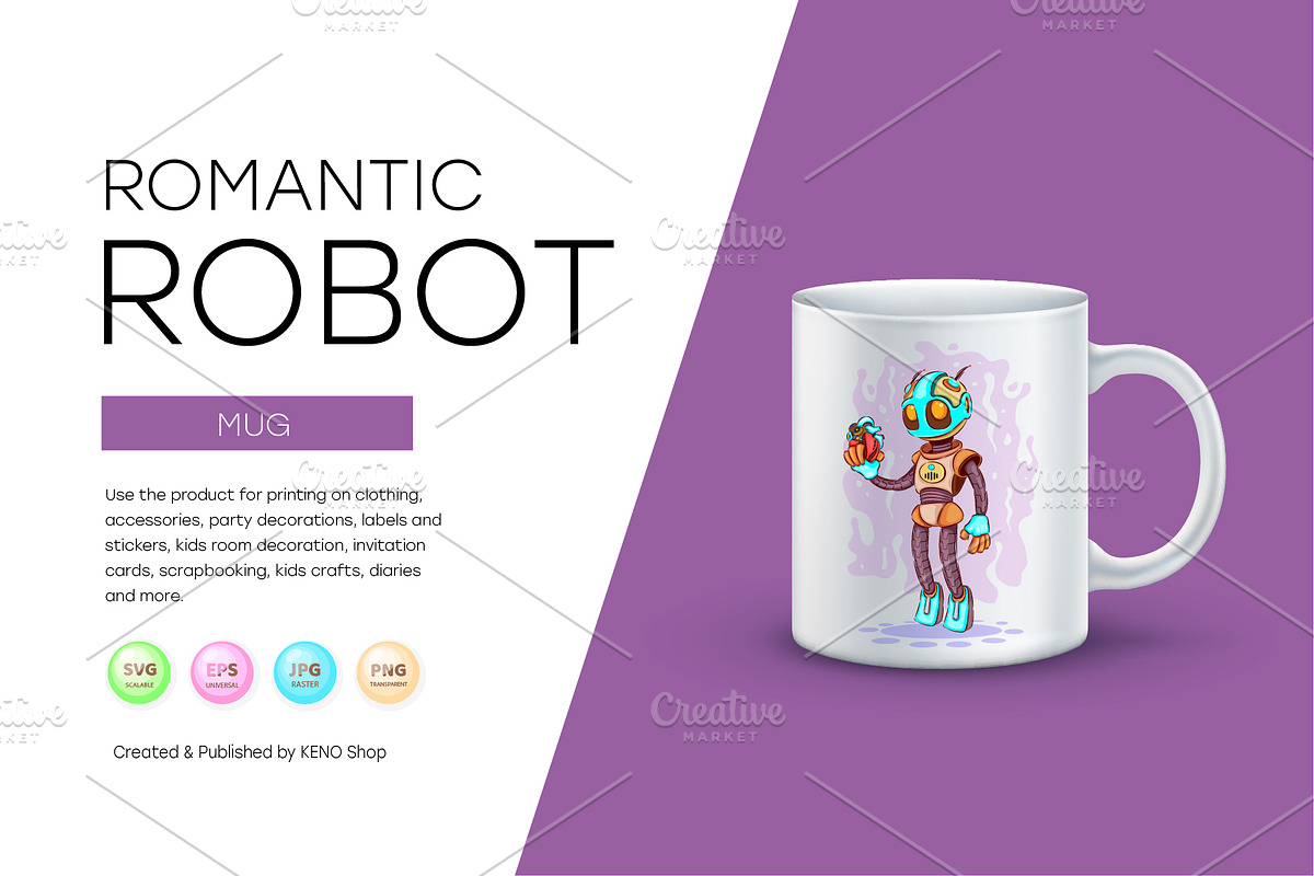 Romantic cartoon robot, Tshirt, PNG., an Animal Illustration by KENO Mascots (Photo 2 of 6)