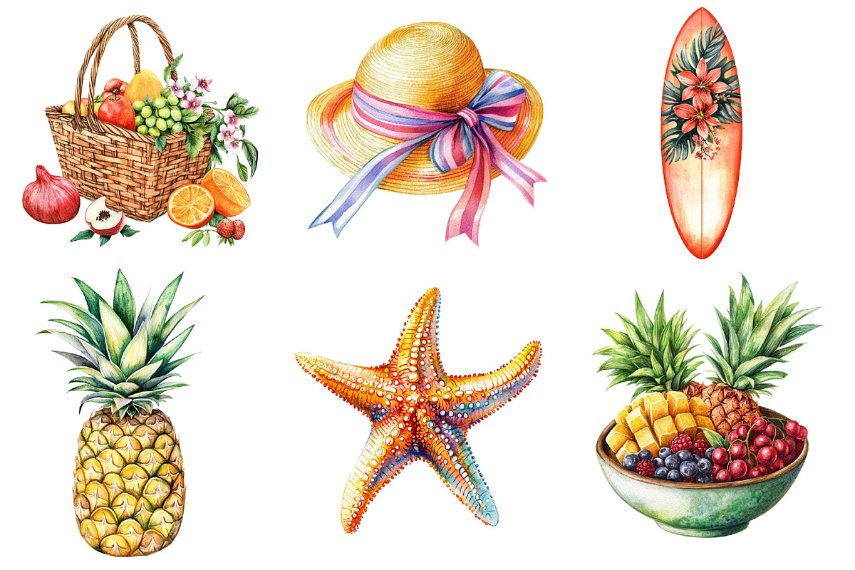 Hand Drawn Watercolor Summer Clipart, an Illustration by Designking (Photo 3 of 5)