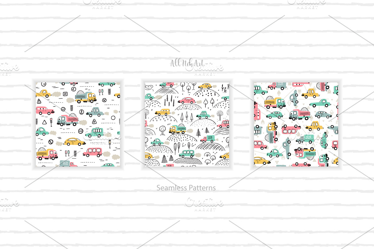 Toy Cars Seamless Patterns, Cliparts, a Pattern Graphic by AllNikArt (Photo 2 of 6)