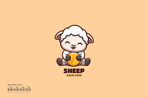 Gold Coin Sheep Cute Mascot Logo