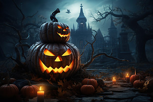 Glowing halloween pumpkins in the forest near house, a Holiday Photo by AlyaAnd